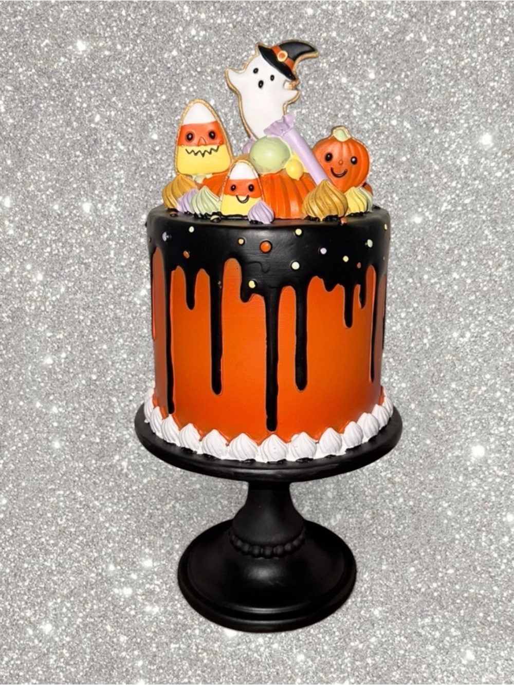 Halloween Orange & Black Drip Cake on Cake Stand Decor sweet treats new